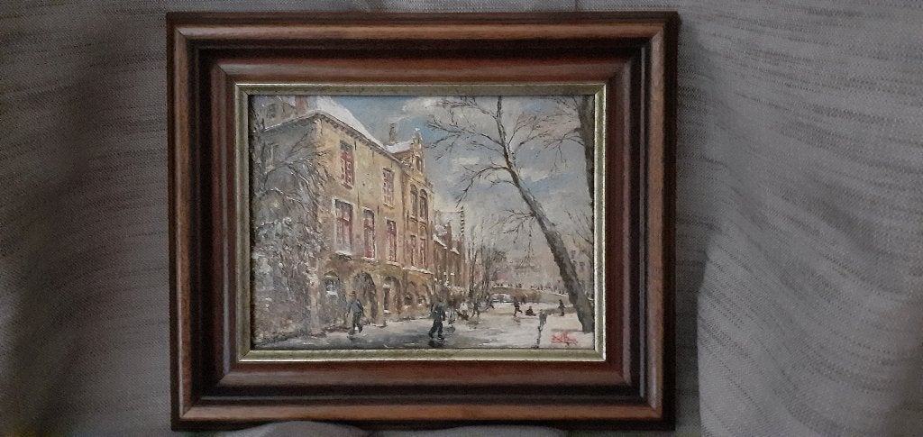 schilderijtje op doek, Antiek en Kunst, Kunst | Schilderijen | Klassiek, Landschap, Doek, Bijzondere lijst, Gesigneerd, Ingelijst