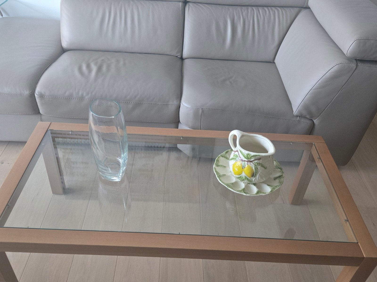 Belle table basse en bois de chêne/plateau en verre neuf, Maison & Meubles, Enlèvement, Rectangulaire, Chêne