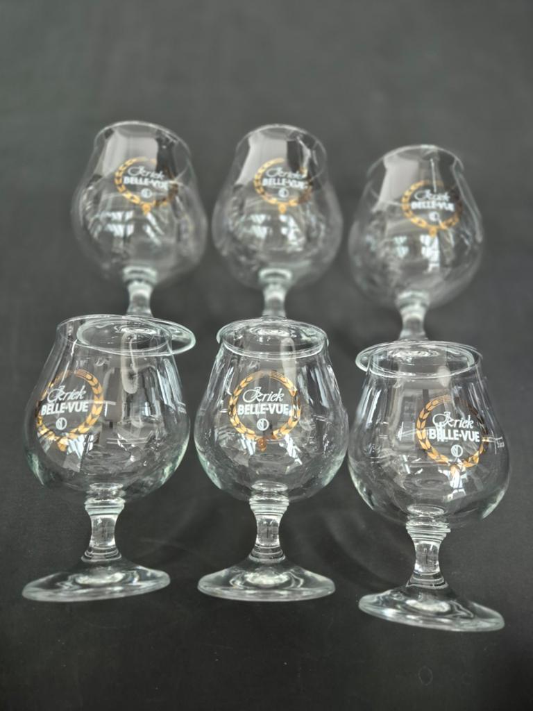 Set van 6 originele Kriek Bellevue glazen – gouden logo – ni, Ophalen of Verzenden