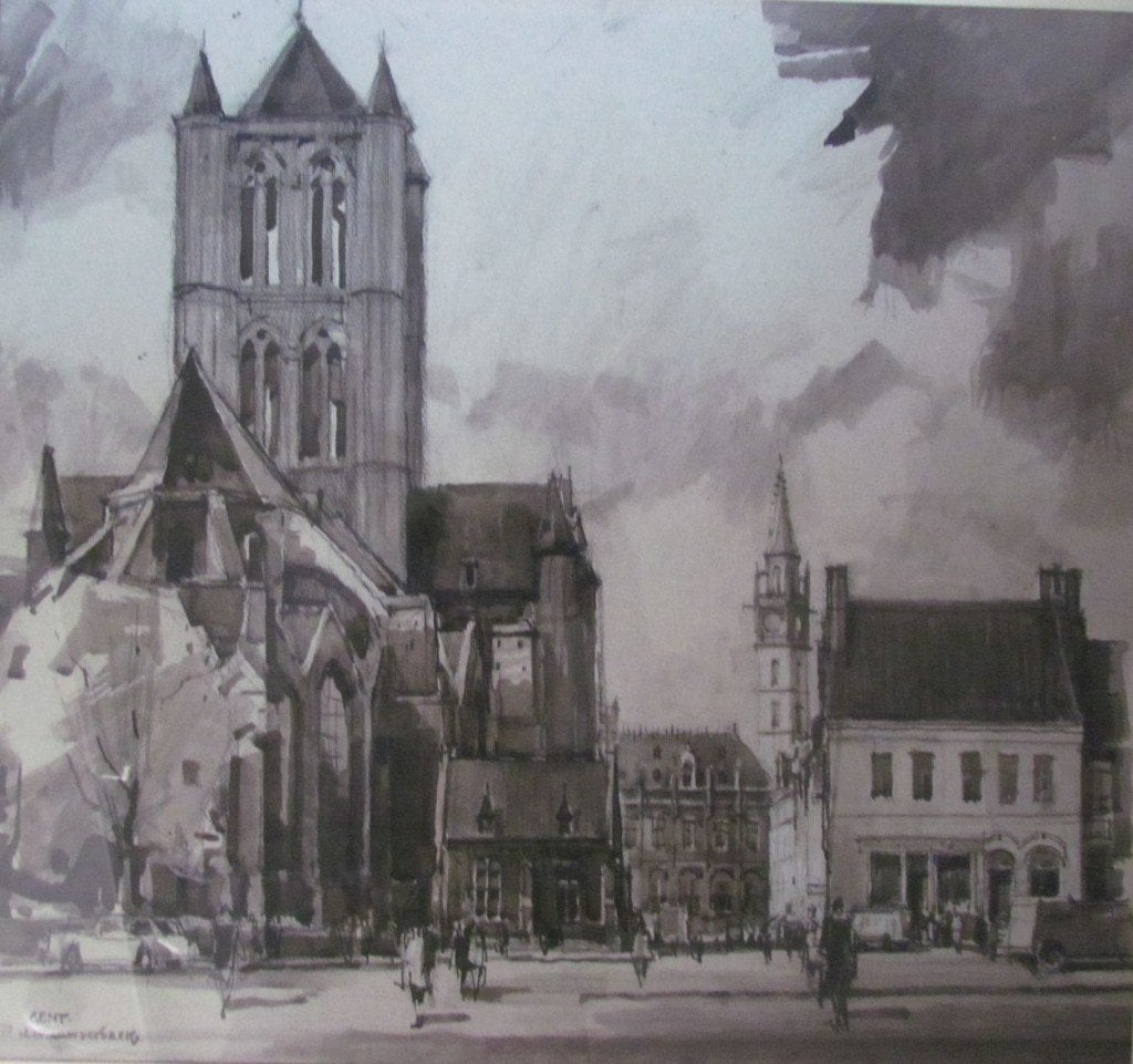 Aquarel van HERMAN VERBAERE (mid jaren vijftig), Antiek en Kunst, Ophalen, Aquarel, Stads- / dorpsgezicht, Papier