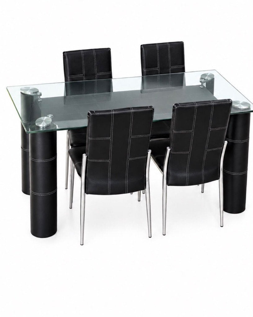 Table Far Away avec 4 chaises en cuir, Maison & Meubles, Quatre personnes, 150 à 200 cm, Comme neuf, Verre