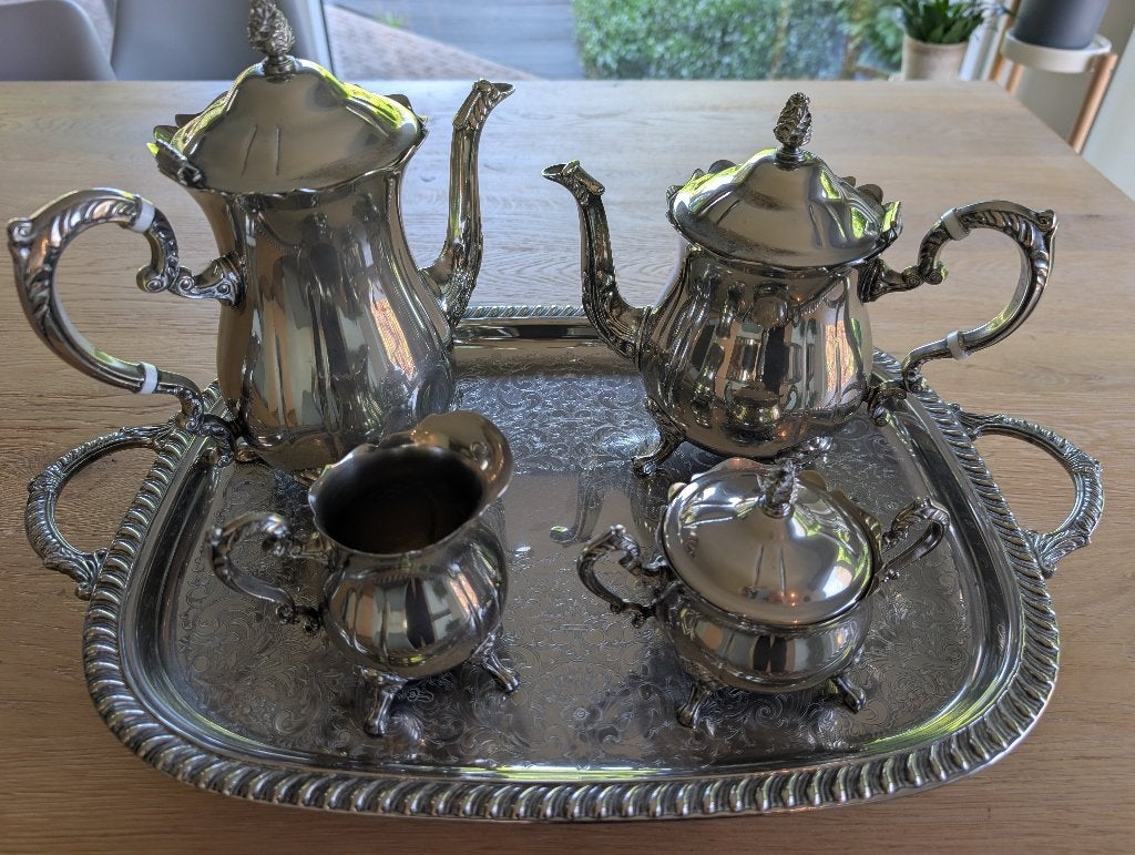 Leopard Silverplate koffie -en theeset met dienblad, Ophalen, Gebruikt, Overige materialen, Vintage