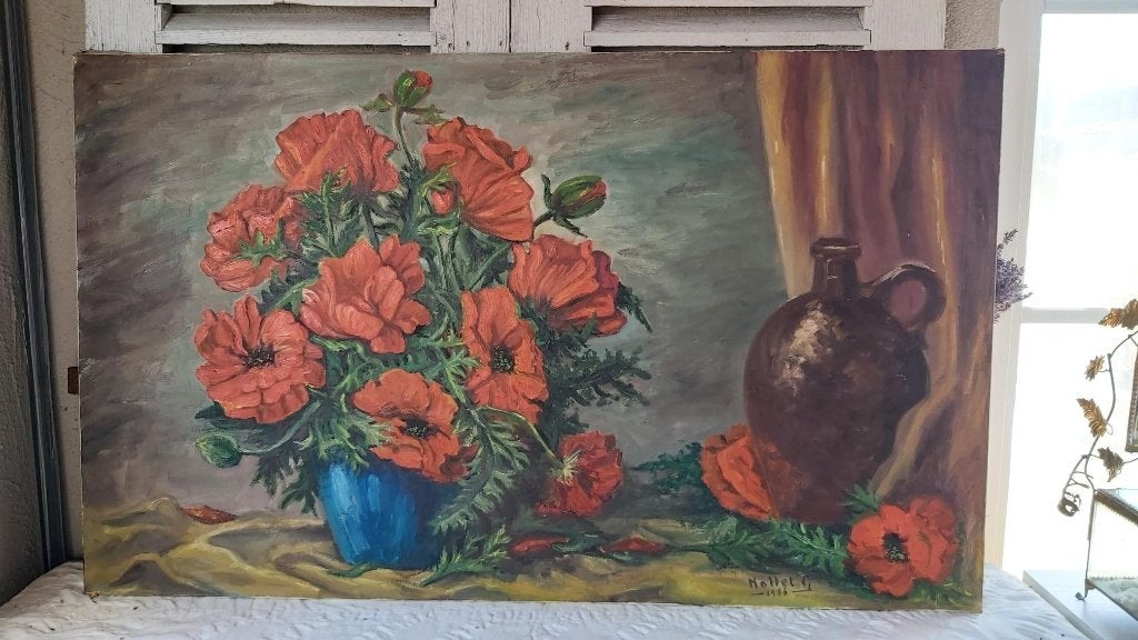 Mooi groot bloemen (papavers) stilleven op doek (1966) 100cm, Peinture à l'huile, Signé, Enlèvement, Toile