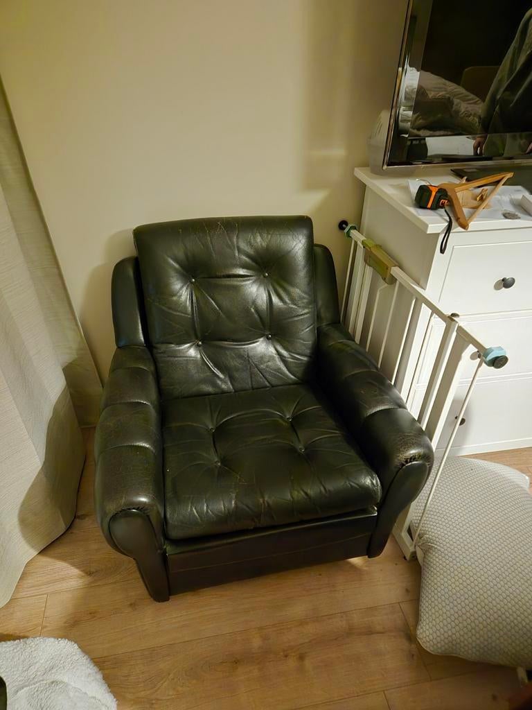 Vintage Clubzetel in zwart leder., Huis en Inrichting, Ophalen