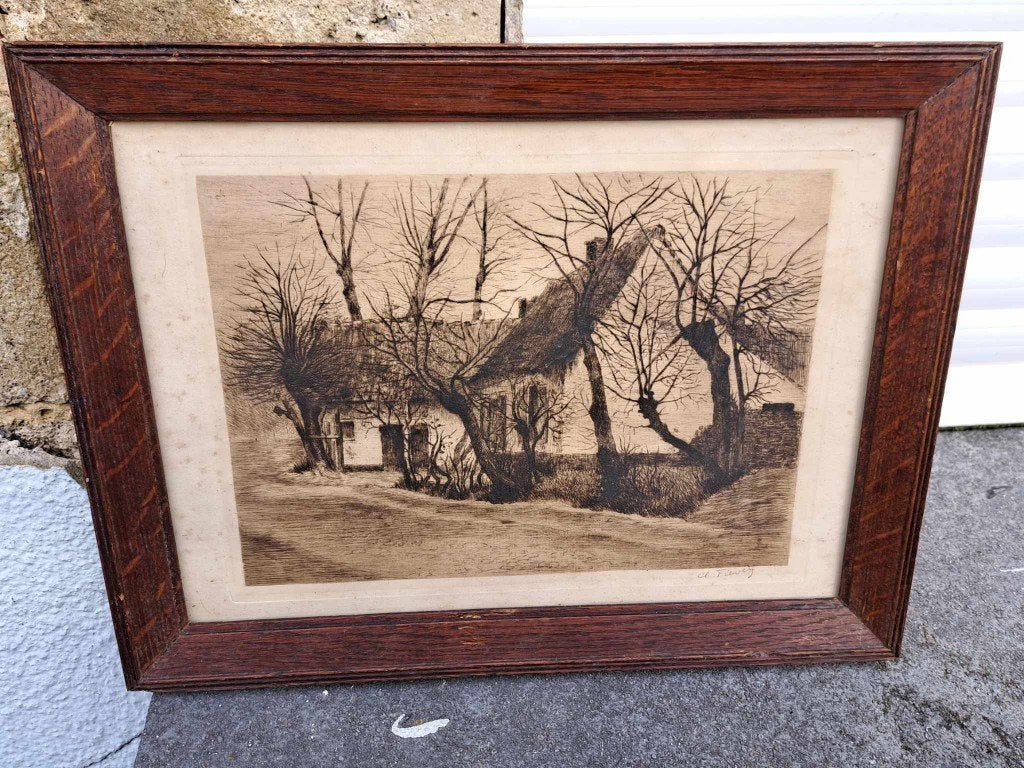 gravure maison signe cl fievey, Enlèvement ou Envoi, Gravure