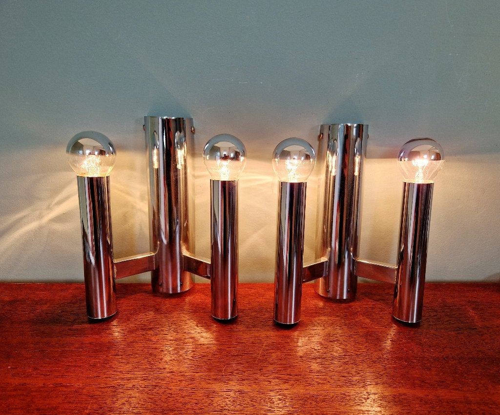 Paar verchroomde metalen wandlampen, G. Sciolari, 1970, Ophalen of Verzenden