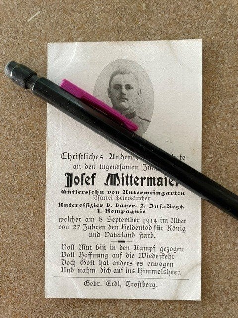 14-18O.Officier Bayerse 2Inf Mittermaier Gesneuveld8/9/1914, Verzamelen, Ophalen of Verzenden, Bidprentje