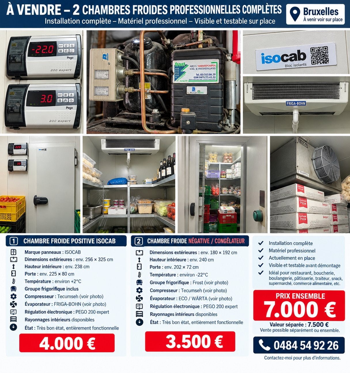 À VENDRE – 2 CHAMBRES FROIDES PROFESSIONNELLES COMPLÈTES +/-, Articles professionnels, Enlèvement, Refroidissement et Congélation