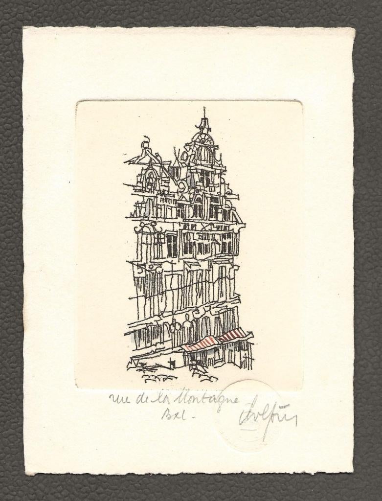 gravure André Colpin, 1950 - 1999, 17 cm, Architectuur, Met monogram
