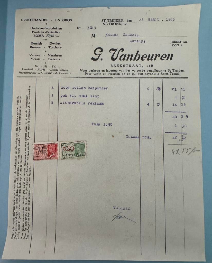 Factuur G. Vanbeuren Sint-Truiden 1937 - Pauwels Corthys, Ophalen, Zo goed als nieuw