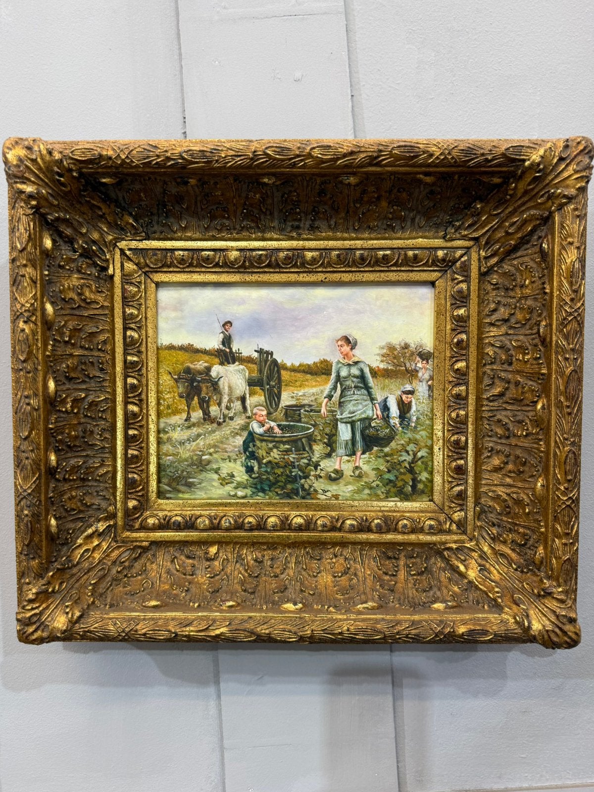 Peinture ancienne de scène rurale avec cadre doré sculpté, Enlèvement ou Envoi