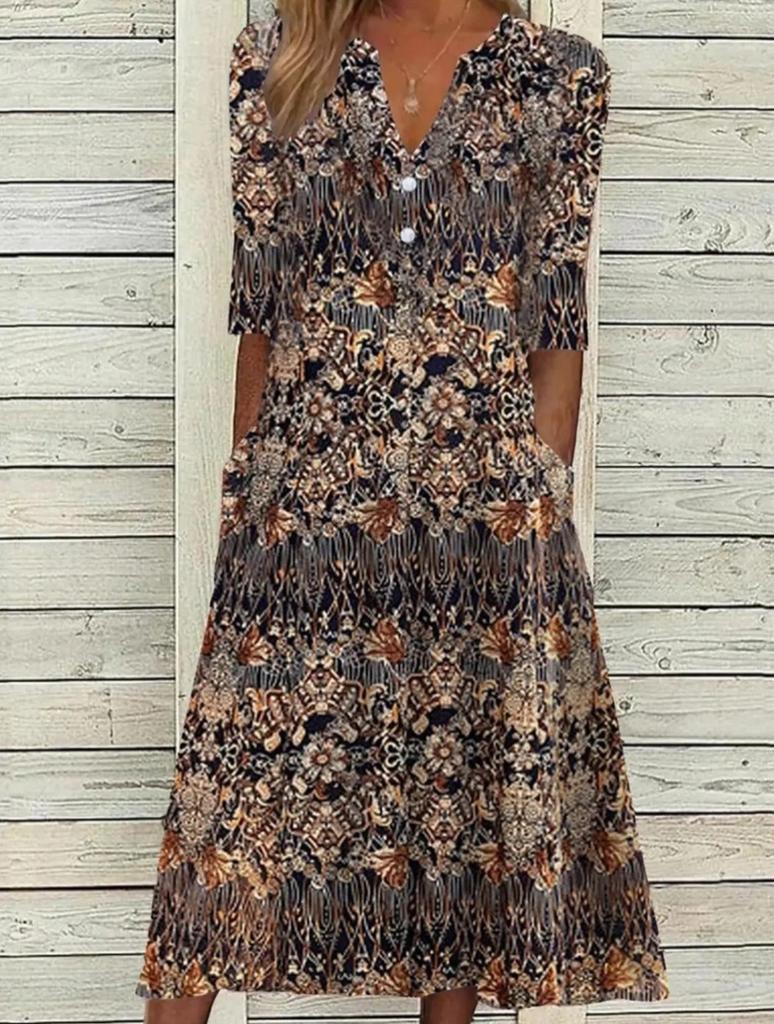 Halflange jurk -vintage stijl met bloemenprint, Kleding | Dames, Jurken, Zo goed als nieuw, Maat 42/44 (L), Overige kleuren, Onder de knie