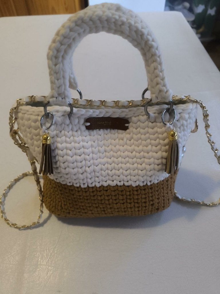 Sac a main au crochet fait main-blanc & camel, Enlèvement ou Envoi, Neuf, Blanc, Sac à main