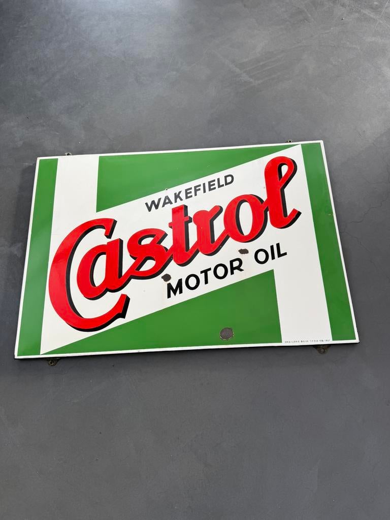 Oud emaille reclame bord Castrol motoroil, Verzamelen, Ophalen of Verzenden, Gebruikt, Reclamebord
