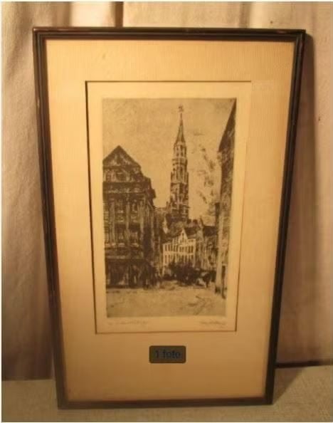 Belle gravure ancienne « Cathédrale et maisons » - signée, Enlèvement ou Envoi, Vue urbaine, Gravure, Encadré