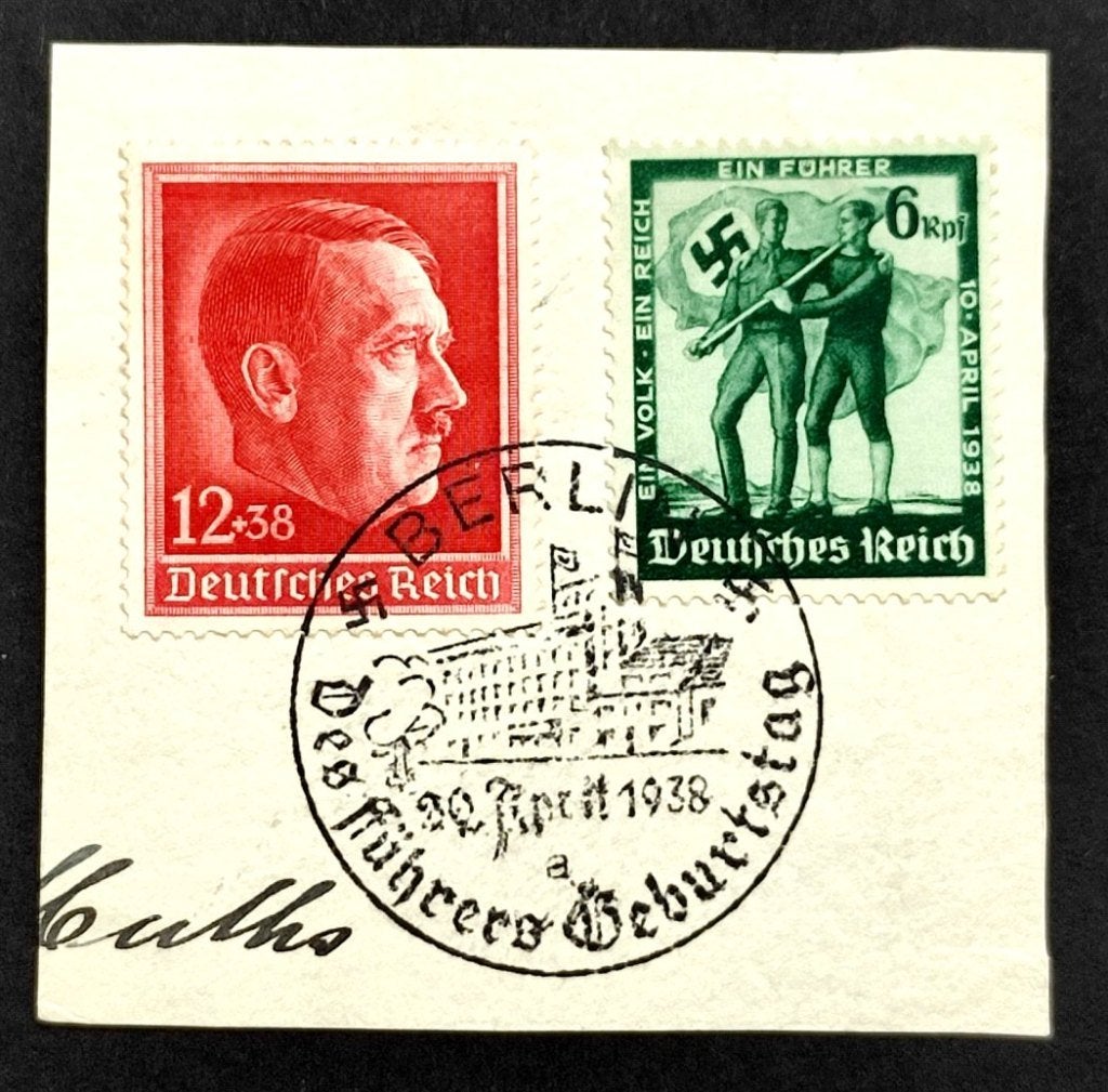 Dt.Reich: 2 zegels op fragment verjaardag A.H.1938, Postzegels en Munten, Postzegels | Europa | Duitsland, Ophalen of Verzenden