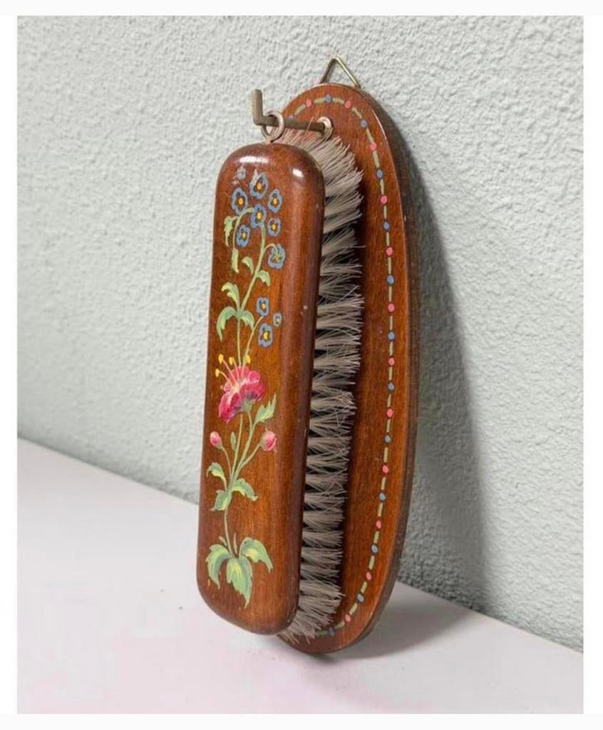 Vintage handgeschilderd houten borstelsetje – wandborstel, Ophalen of Verzenden