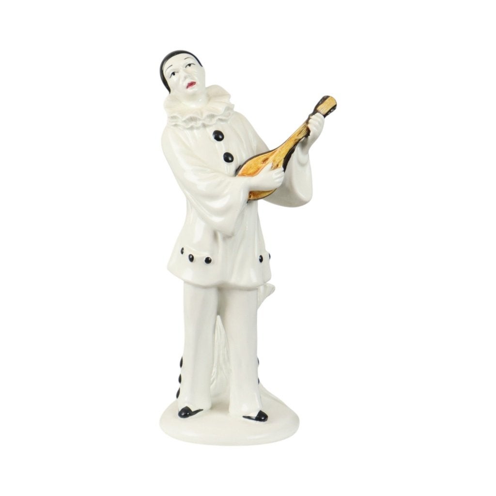 Vintage Pierrot Beeld met Luit Keramiek Frankrijk 31cm, Enlèvement ou Envoi, Utilisé, Humain