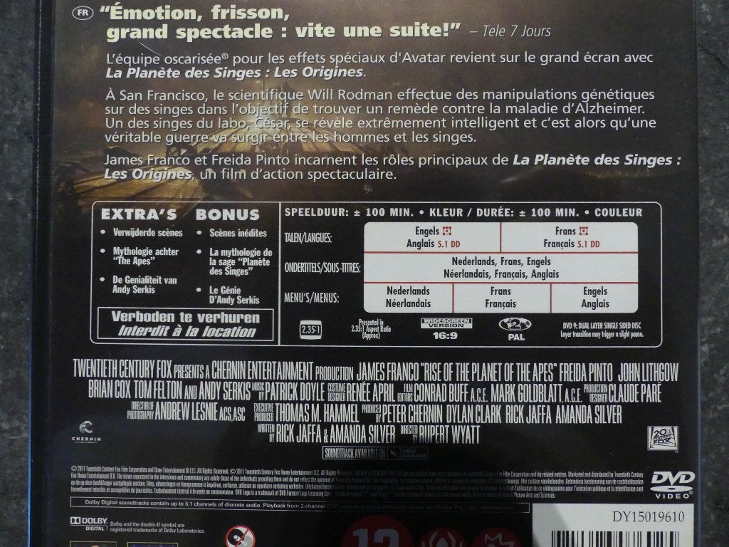 Dvd ‘Rise of the Planet of the Apes’, Cd's en Dvd's, Met bonustracks, Nederlands, Ophalen of Verzenden, Zo goed als nieuw