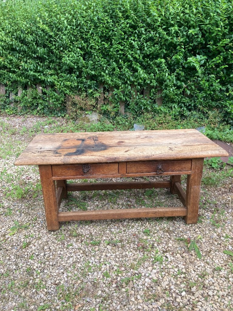 Salontafel van massief eikenhout met 2 laden-rustieke stijl, Huis en Inrichting, Tafels | Salontafels, Ophalen, Gebruikt, Rustique / campagne