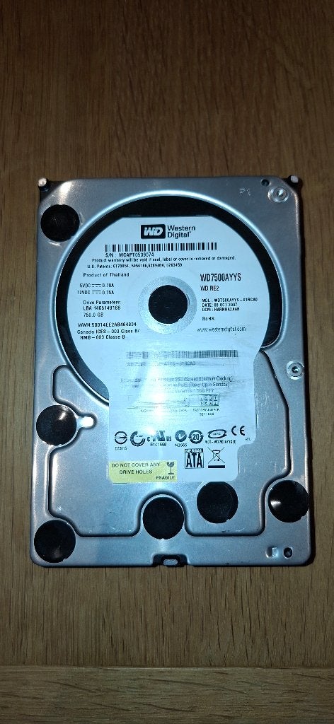 HDD 3.5 Western Digital 750 Go SATA - WD7500AYYS-01RCA0, Computers en Software, Ophalen, Gebruikt, Desktop, Western digital