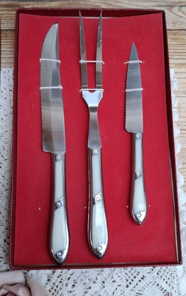 3 Delig Frans vleesbestek, APA Inoxydable, benen inleg, Antiek en Kunst, Ophalen of Verzenden