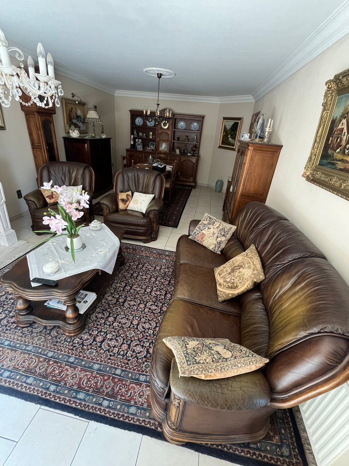Salon bruin leder, Maison & Meubles, Canapés | Coins salons complets, Enlèvement, Utilisé, Bois