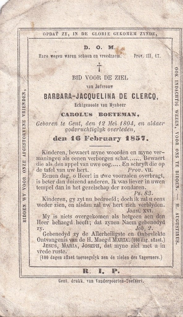 + 36 / B P DE CLERCQ B GENT 1804 - 1857, Ophalen of Verzenden, Bidprentje