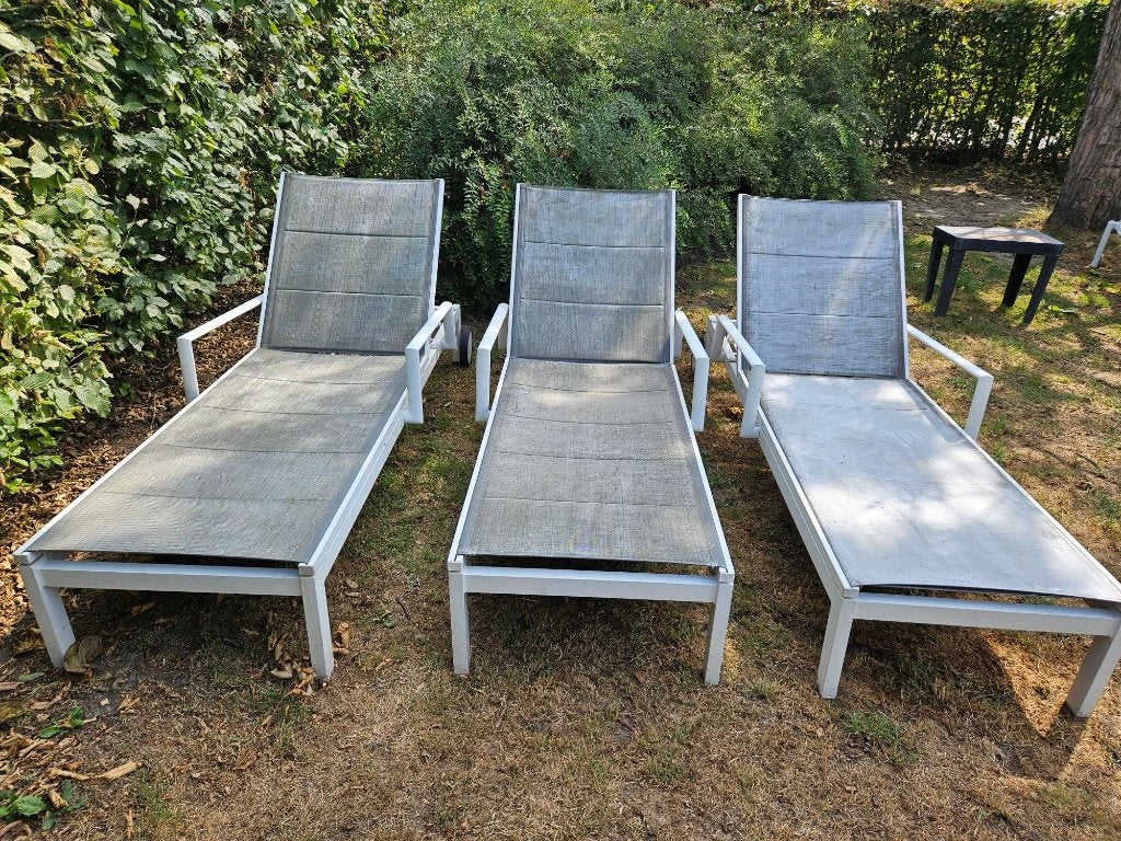 3 Bristol ligzetels (Exterioo)– Wit aluminium / grijs(taupe), Ophalen, Gebruikt, Aluminium, Verstelbaar