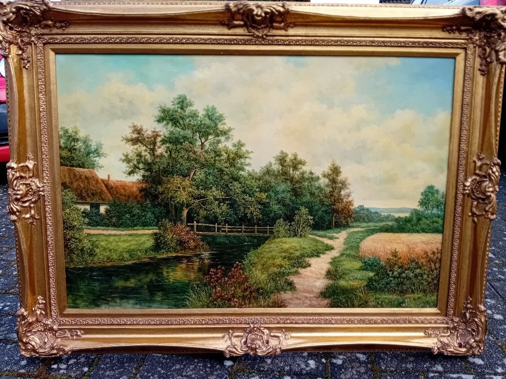 Schilderij met boerderij, Peint à la main, Peinture à l'huile, Paysage, Enlèvement