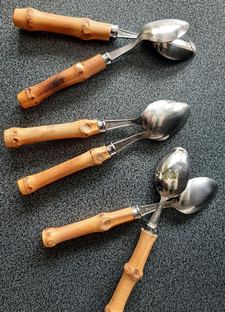 Vintage Bamboe bestek 6 koffie lepelsjes/dessert, Ophalen of Verzenden, Zo goed als nieuw, Hout, Bestekset
