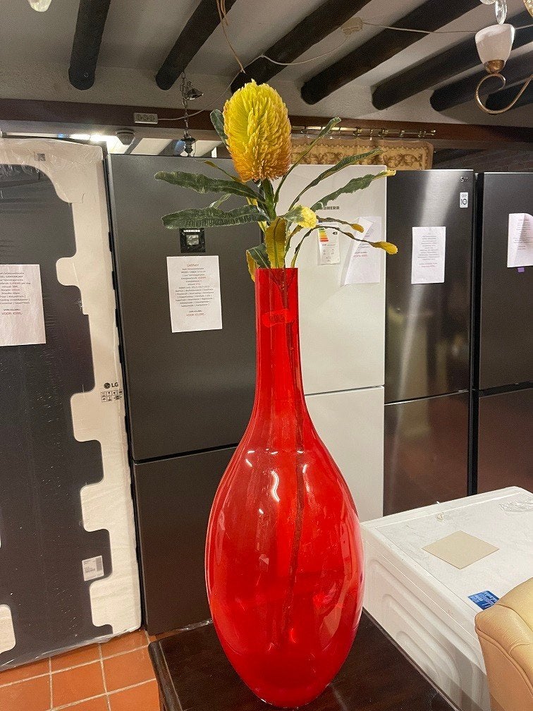 Mooie rood glazen vaas XL met kunstbloem, Ophalen, 72 cm, Nieuw, Glas