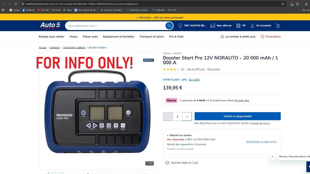 BoosterNorautoStart Pro 12V 1000A – 20 000 mAh + Compresseur, Enlèvement, Comme neuf, Norauto