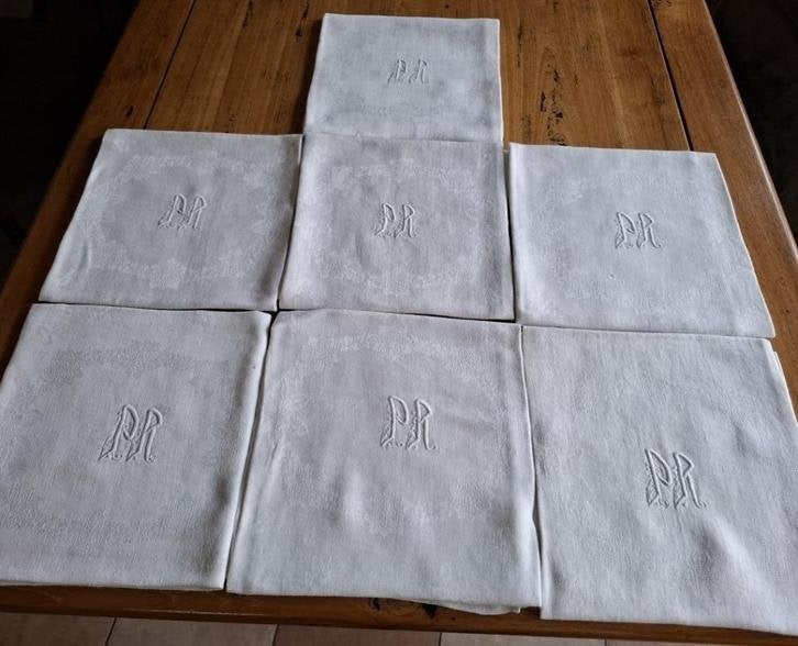 Stapeltje van 9 oude Franse servetten, monogram PR, Antiek en Kunst, Ophalen of Verzenden