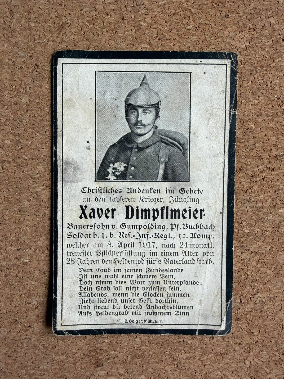 Duits Bidprentje WO1 - 1. Res.-Inf.-Regt. Pickelhaube (1917), Verzamelen, Militaria | Algemeen, Ophalen of Verzenden