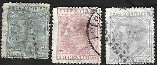 3 Postzegels Spanje 1879 Koning Alfons XII, Postzegels en Munten, Postzegels | Europa | Spanje, Ophalen of Verzenden, Gestempeld