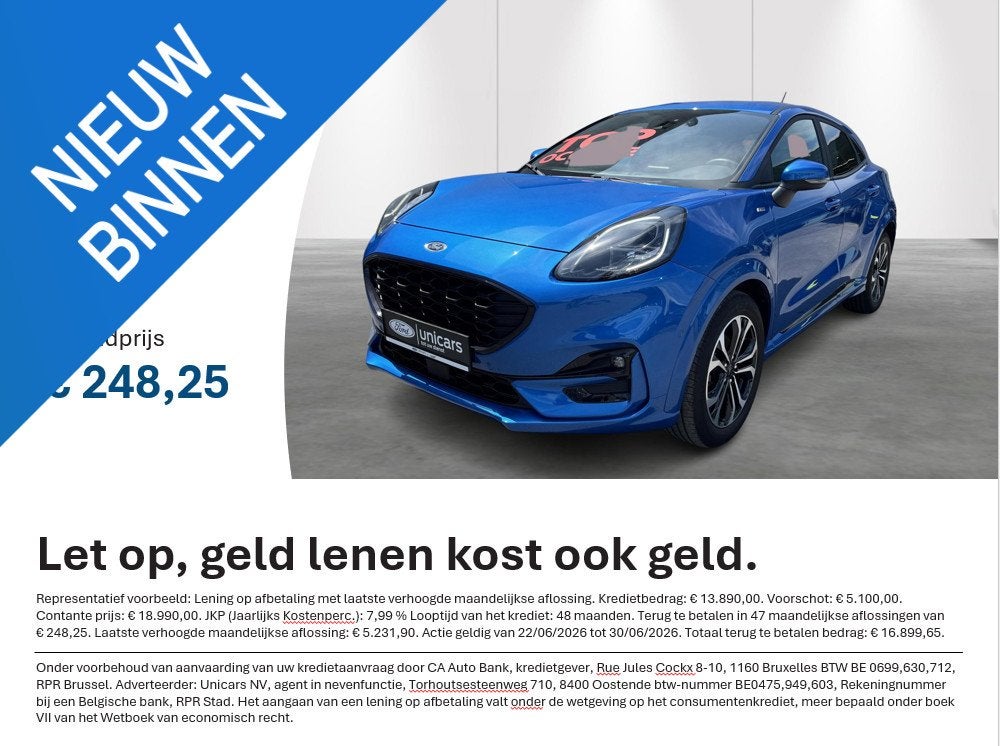 Ford Puma 1.0i Ecoboost 92kW ST-Line Design, Auto's, Ford, Bedrijf, Te koop, Puma, Airbags, Airconditioning, Automatische klimaatregeling