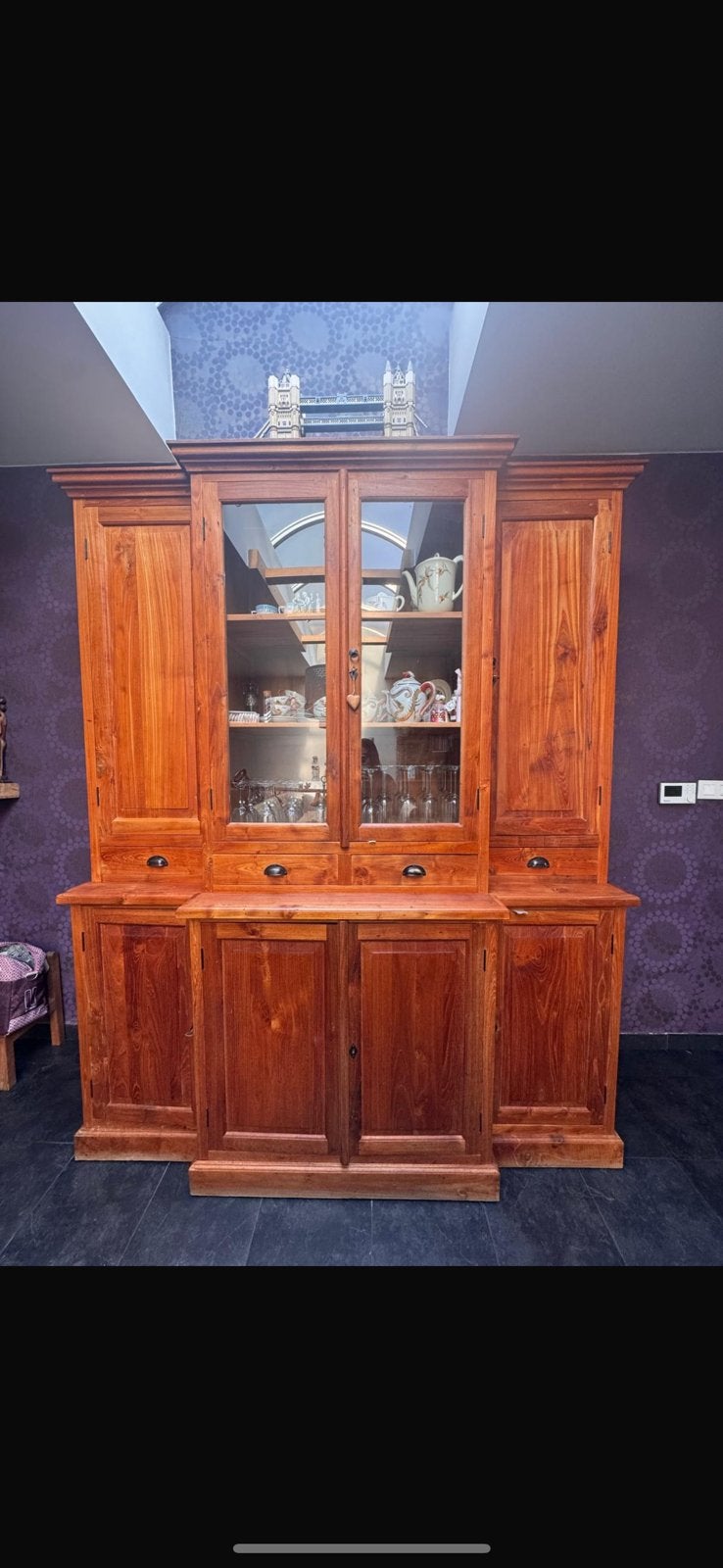Buffetkast Teakhout Landelijke Vitrinekast 193 cm, Huis en Inrichting, Ophalen, Gebruikt, 200 cm of meer, 150 tot 200 cm