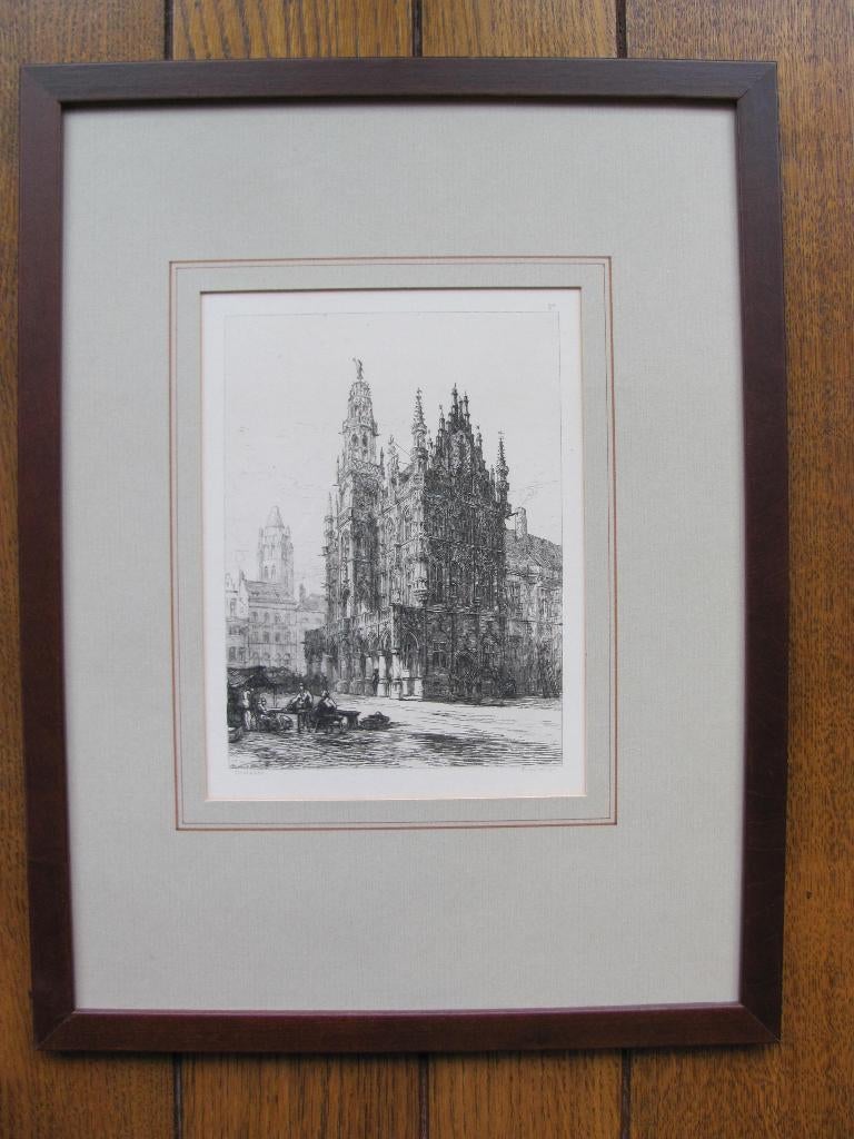 Ernest George (1839-1922) OUDENAARDE originele ets, Antiek en Kunst, Kunst | Etsen en Gravures, Ingelijst, Ets, Architectuur, Ophalen of Verzenden