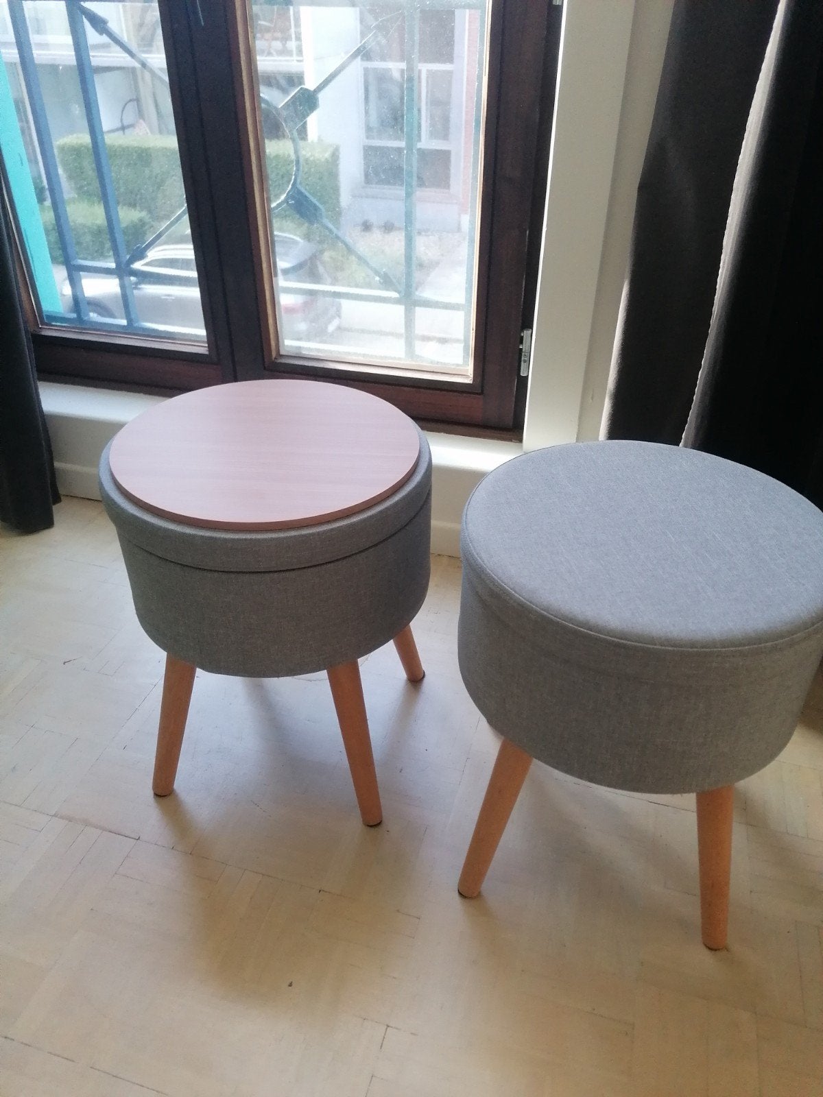 Grijze bijzettafeltjes met opbergruimte, Huis en Inrichting, Ophalen, Minder dan 45 cm, Minder dan 55 cm, Rond