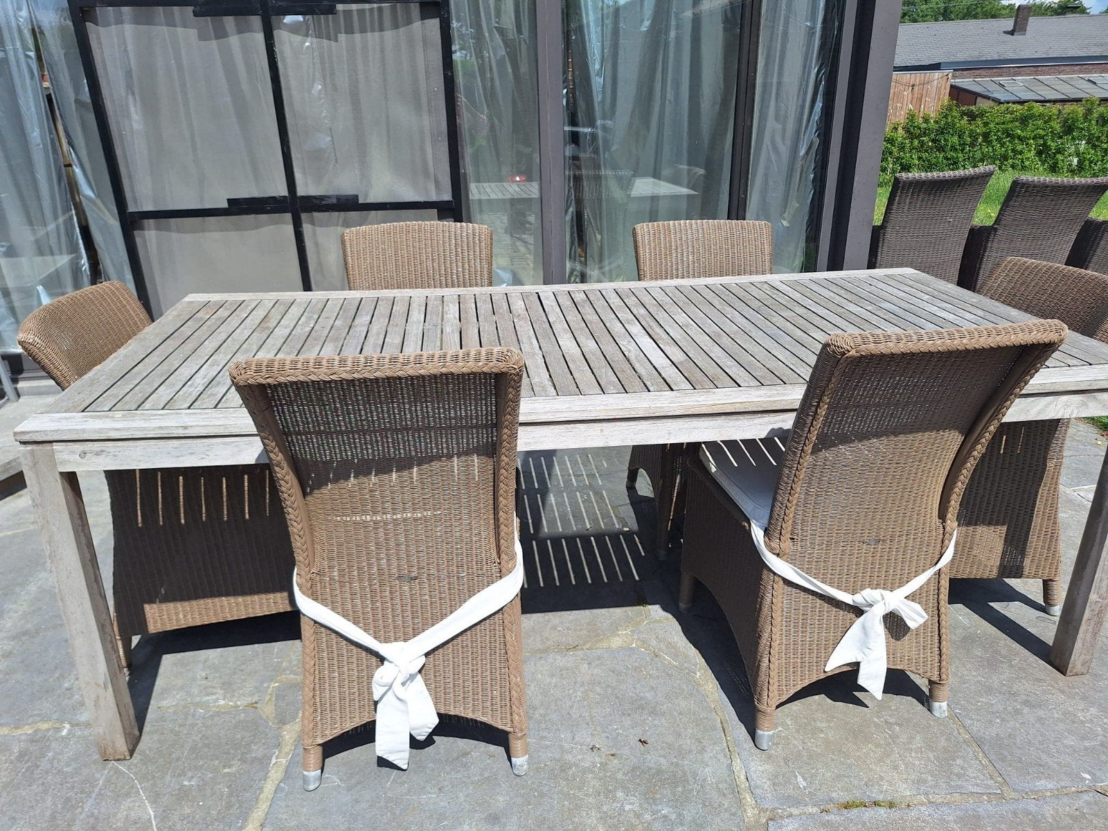 Tuinset, teak tafel met 6 rieten stoelen, Ophalen