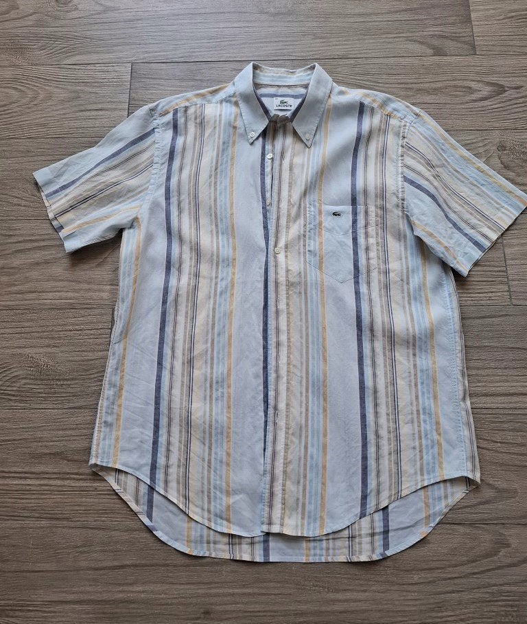 Prachtig Linnen Overhemd met Strepen en Korte Mouw Lacoste, Kleding | Heren, Meerkleurig, Lacoste, Ophalen of Verzenden, Zo goed als nieuw