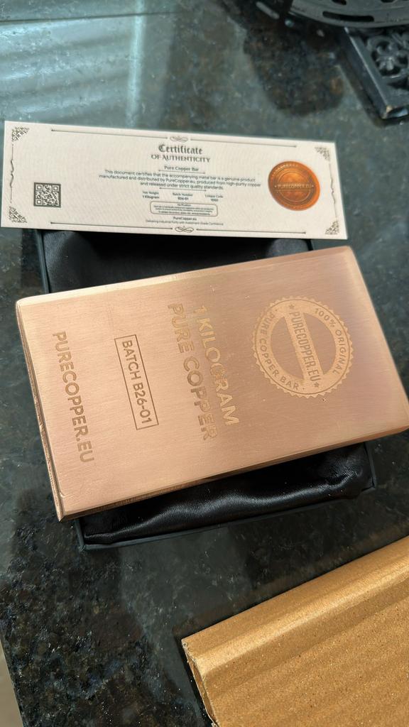 Koperbaar 35 x 1kg (1000 gram) geseald met doos en certifica, Postzegels en Munten, Edelmetalen en Baren, Ophalen, Koper