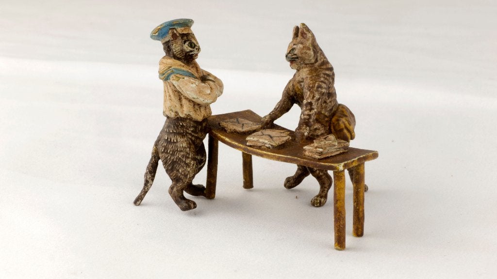 Franz Bergman Wenen brons – twee katten als postbode, Antiek en Kunst, Minder dan 20 cm, Beschilderd, Art nouveau, Ophalen of Verzenden