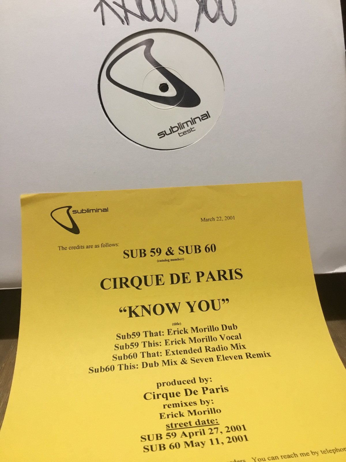 Cirque De Paris. Know You. SUB 59 & SUB 60, CD & DVD, Vinyles | Dance & House, Enlèvement ou Envoi, Comme neuf