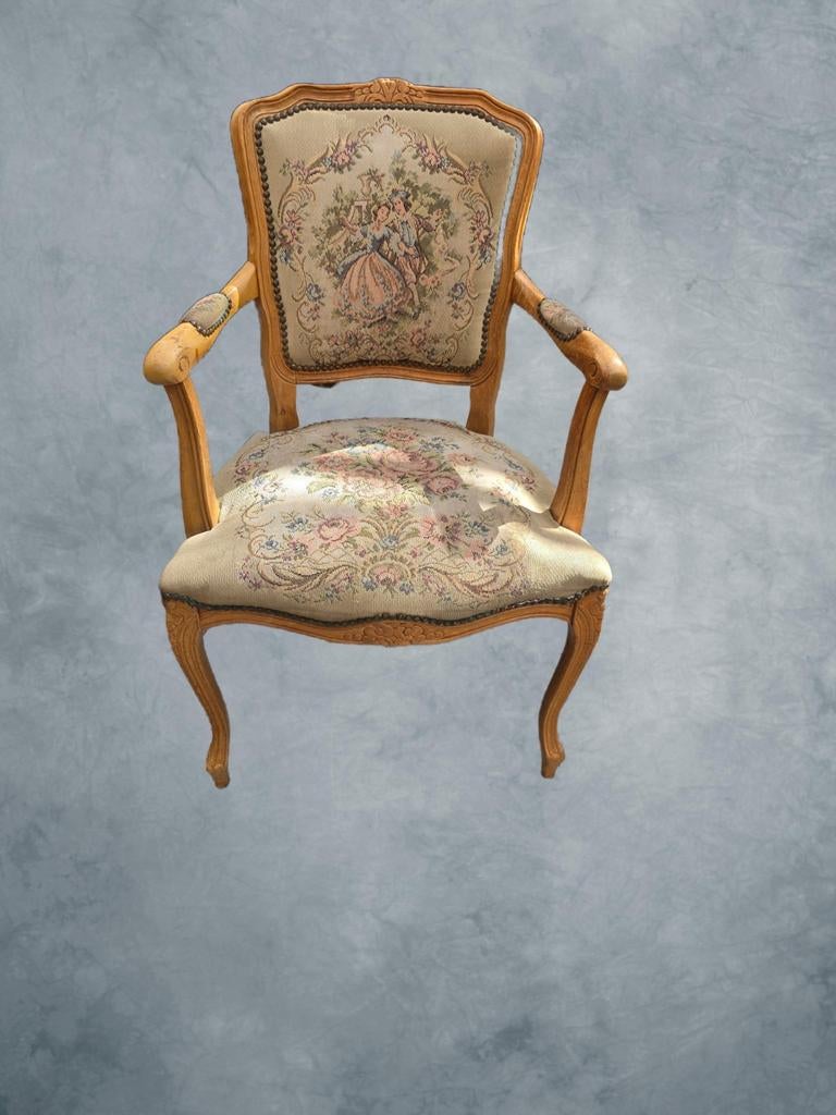 Klassieke fauteuil – Louis XV stijl – houten stoel met gobel, Antiek en Kunst, Ophalen