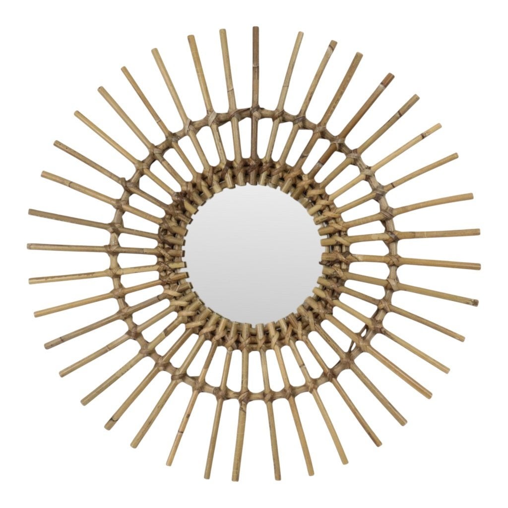 Mid Century Rotan en Bamboe Sunburst Spiegel Frankrijk 58cm, Huis en Inrichting, Gebruikt, Rond, Ophalen of Verzenden, Nvt
