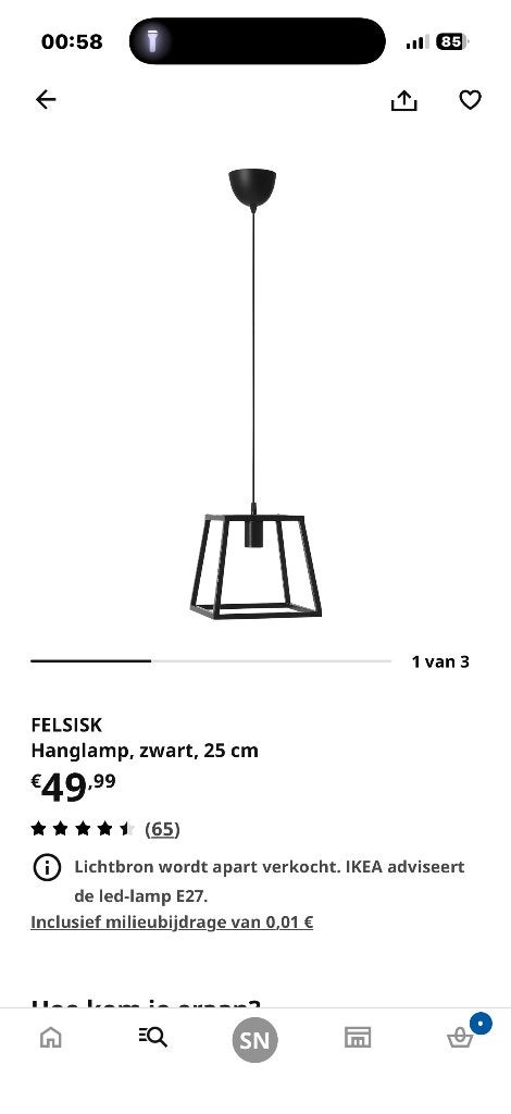 FELSISK hanglamp -1 lamp zwart 25cm, Maison & Meubles, Lampes | Suspensions, Comme neuf, E27 (grand), Enlèvement