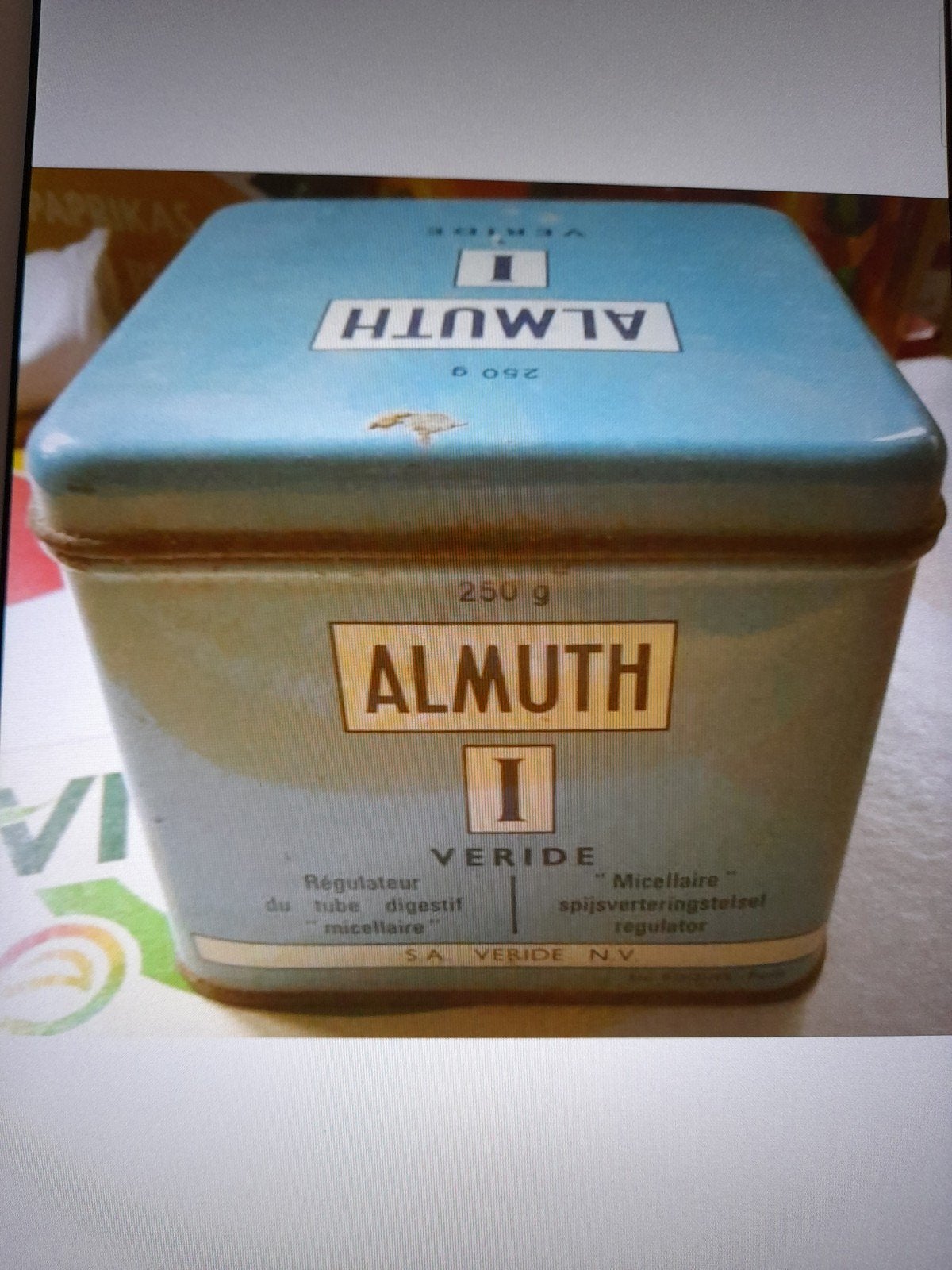 Antieke Almuth metalen doos van 250 g, Ophalen of Verzenden, Gebruikt, Overige