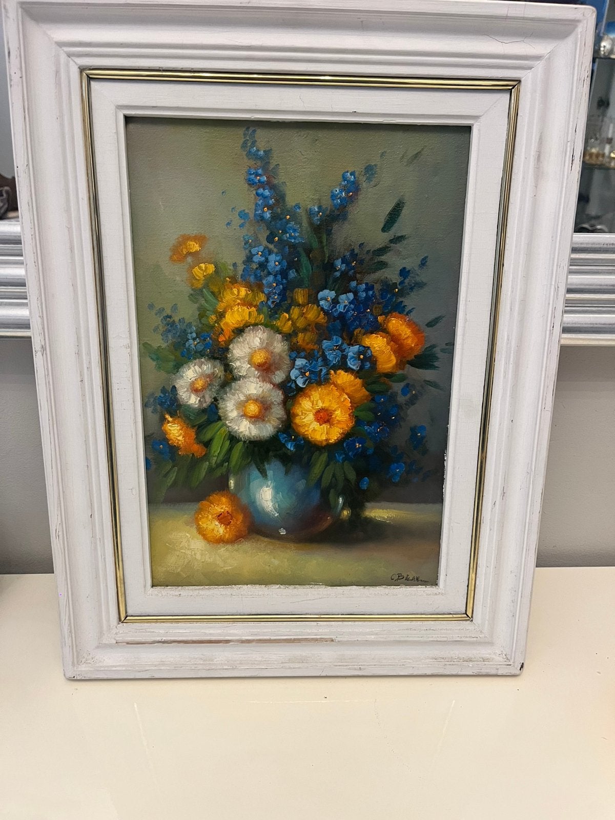 peinture à l'huile vintage –  de fleurs– Signé C. BALAN –, Antiquités & Art, Enlèvement ou Envoi, Peinture à l'huile, Panneau